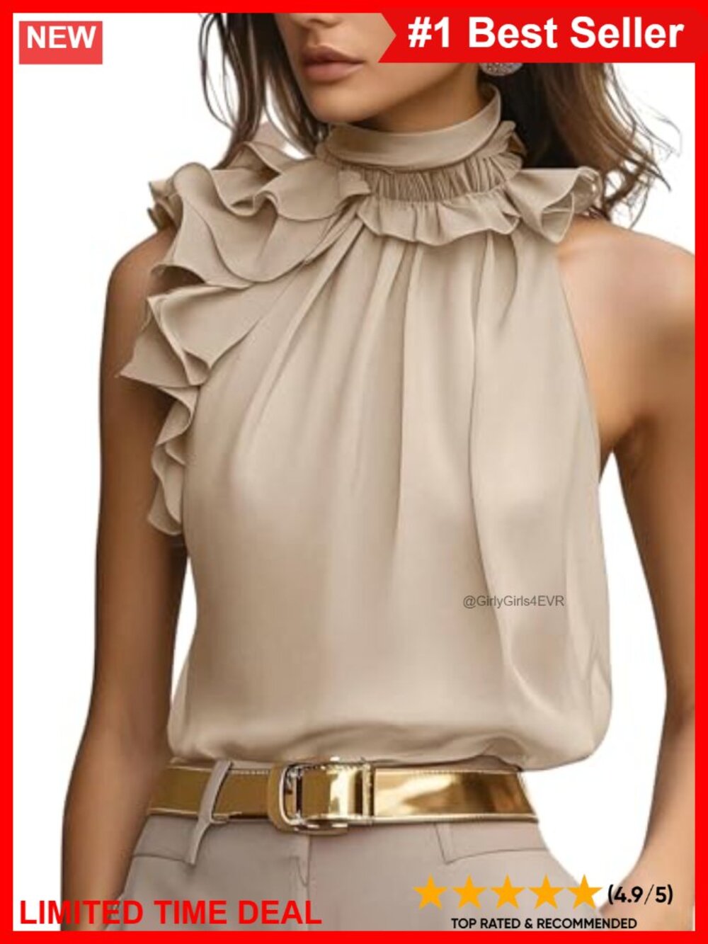 Women's Elegant Halter Blouse Ruffle Sleeveless Stand Collar Dressy Top